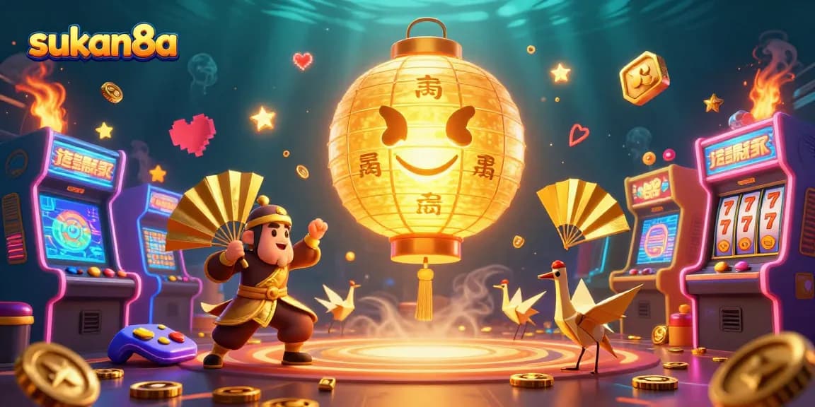 Spin the reels with sukan8a, showcasing vibrant casino elements and a golden lantern spirit.