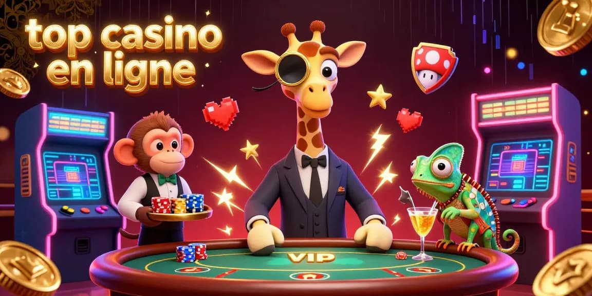 Illustration dynamique de personnages de casino vibrant pour top casino en ligne, incluant une girafe élégante au poker et des jeux d'arcade.