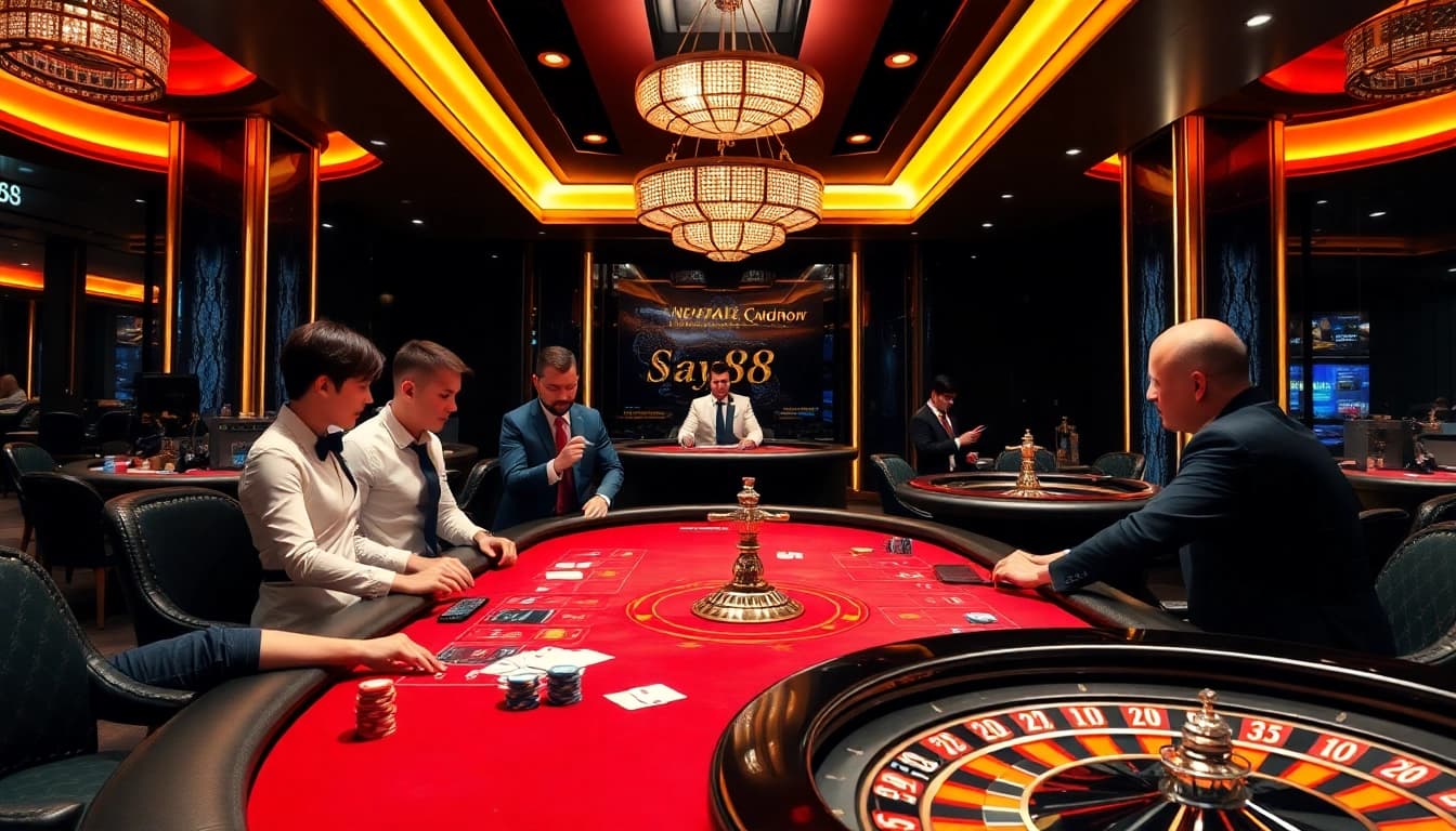Players enjoying a professional poker game experience at say88's vibrant online casino.