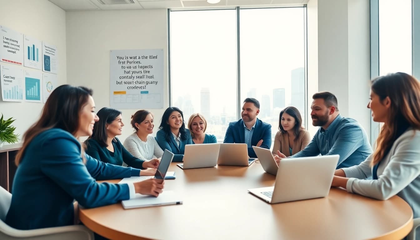 Engaging session for business coaching service with diverse professionals brainstorming in a modern office.