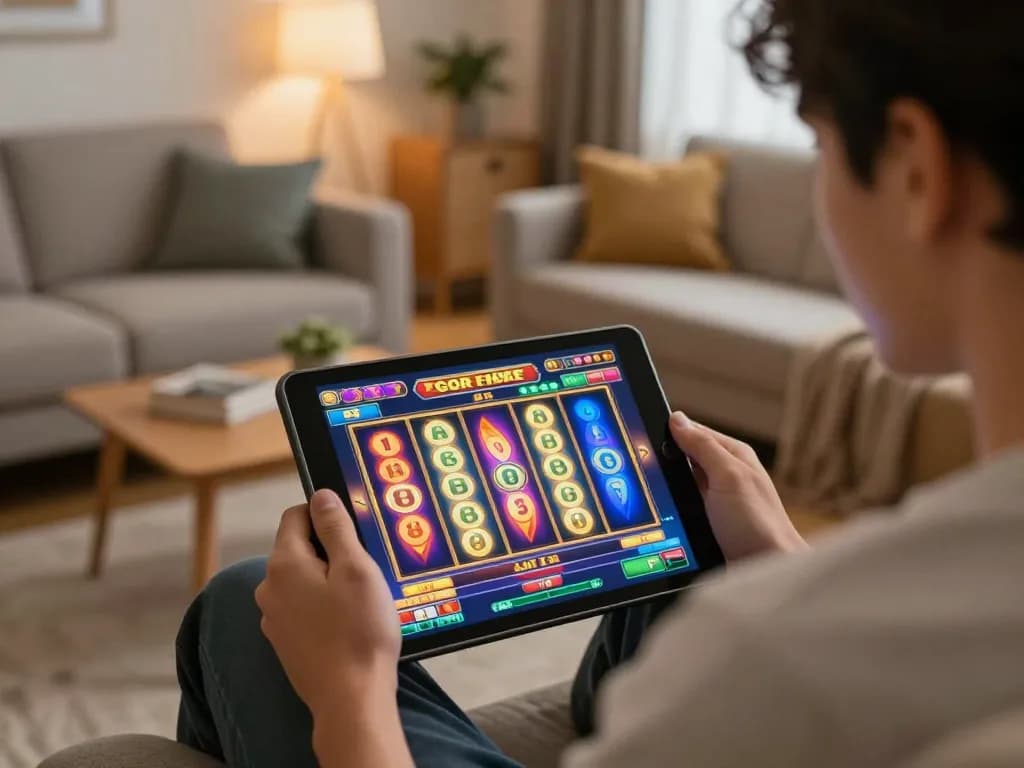 Engage in exciting slot gacor gameplay on a tablet in a cozy home setting.