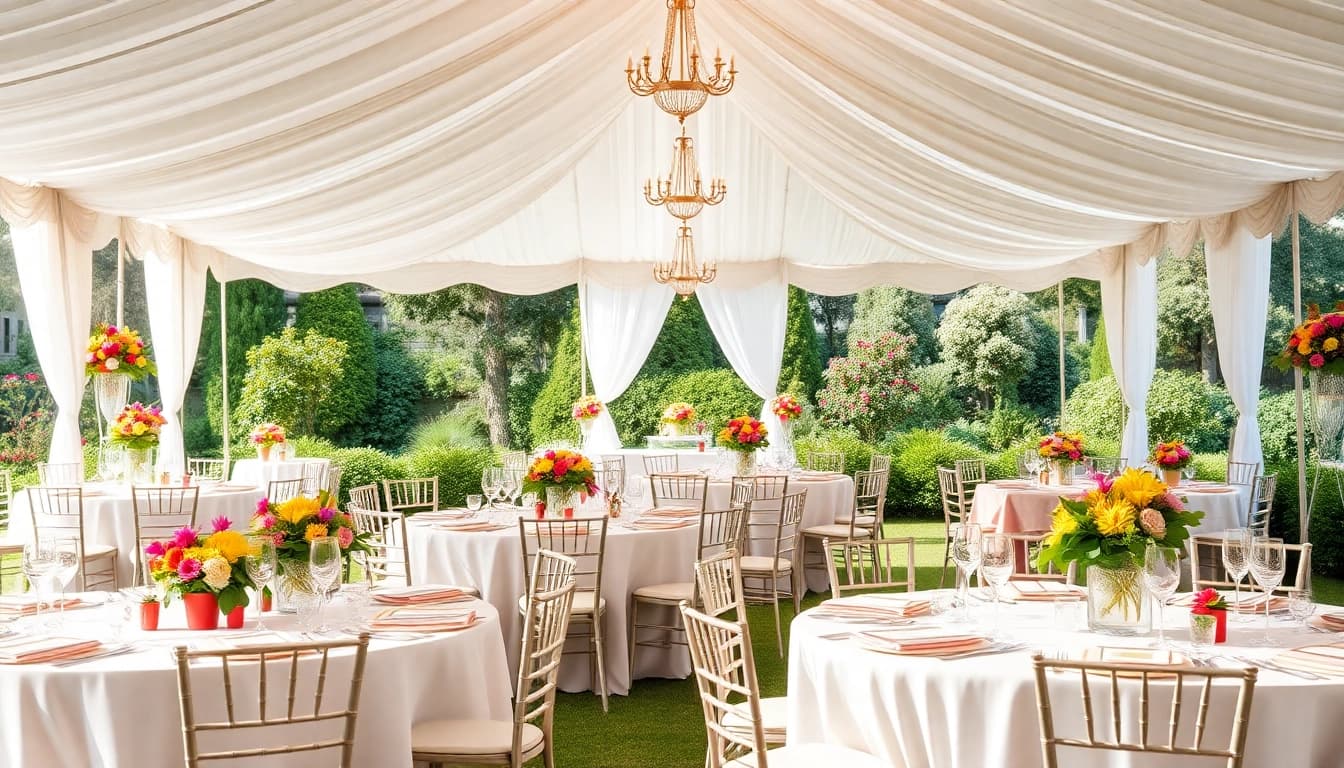 Event Rentals highlight an elegant outdoor setup with decorated tables and vibrant flowers.
