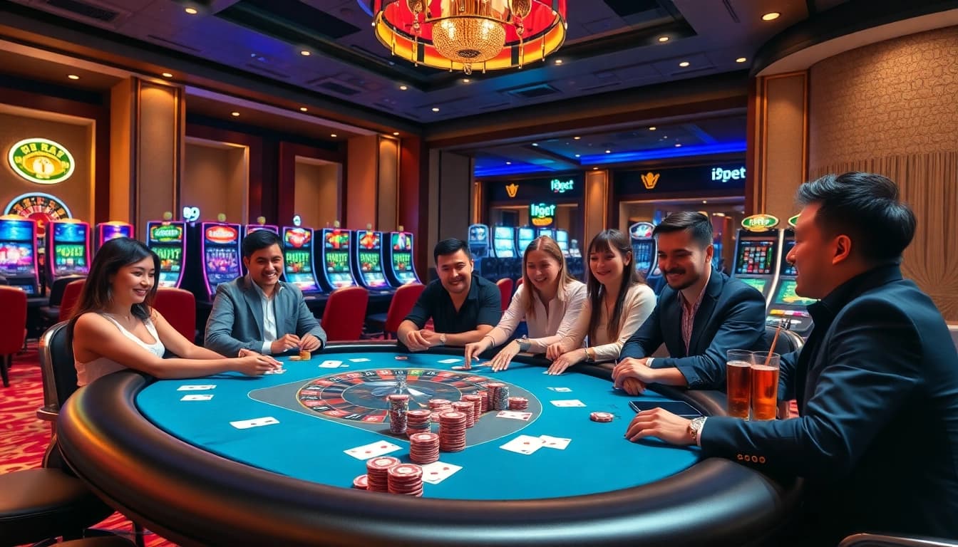 Engaged players enjoying a thrilling poker game at i9bet's luxurious casino.