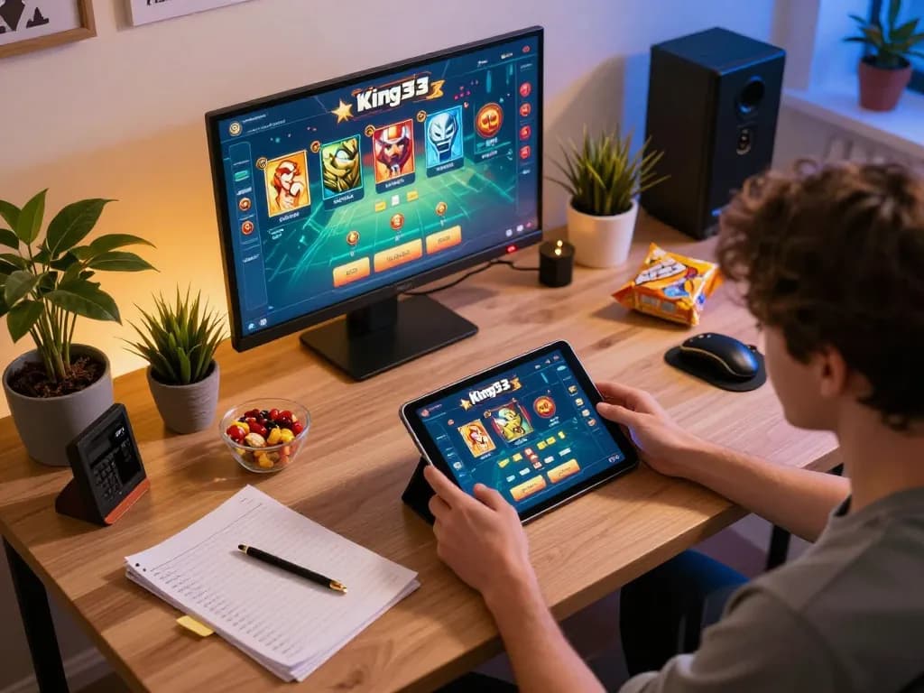Player using the king33 app for online gaming on a cozy desk, surrounded by strategy notes.