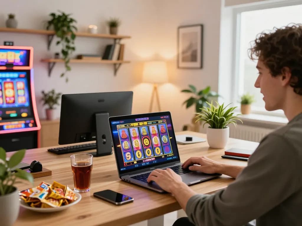 Player enjoys dewa slot games on a laptop at home, vibrant setup with colorful reels and cozy atmosphere