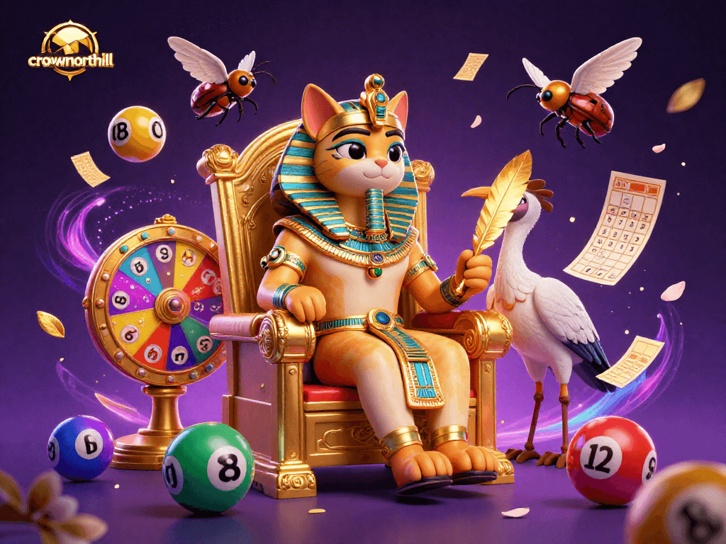 Crownnorthill's captivating pharaoh cat and ibis scribe amid vibrant lottery elements in an exciting gaming illustration