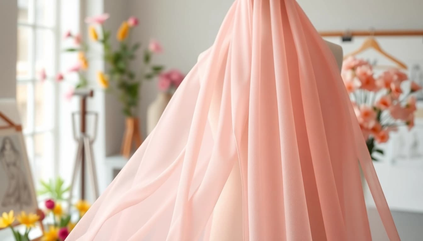 Chiffon stof prachtig gedrapeerd op een mannequin in een modeatelier.