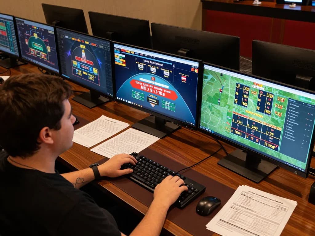 Engaged player strategizing on nhà cái 388bet at a modern gaming setup with multiple screens