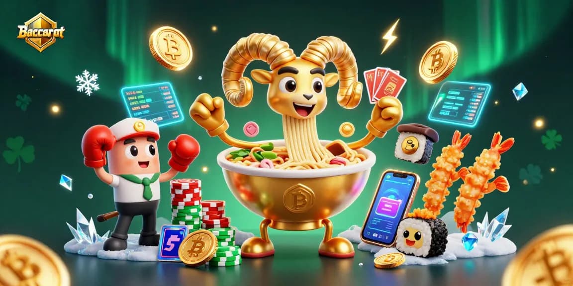 Baccarat scene featuring a giant ramen bowl dealer with noodle tentacles, crypto elements, and vibrant casino atmosphere