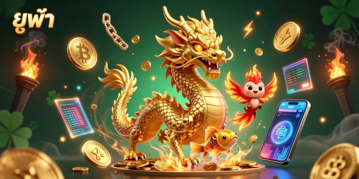 Engage in thrilling ยูฟ่า gaming with a vibrant 3D scene featuring a golden dragon, phoenix, and koi fish.