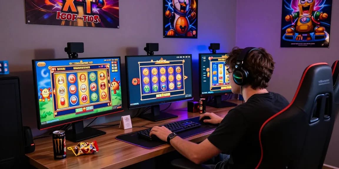Engaging online gaming setup demonstrating slot deposit 1k excitement with colorful slot reels and vibrant LED lights.