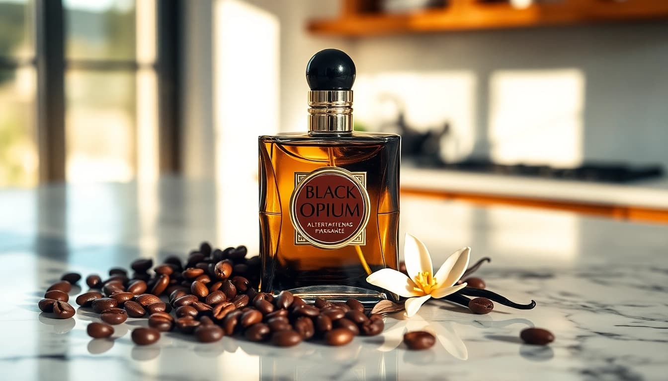 Discover a Black opium alternative perfume bottle surrounded by coffee beans and vanilla pods.