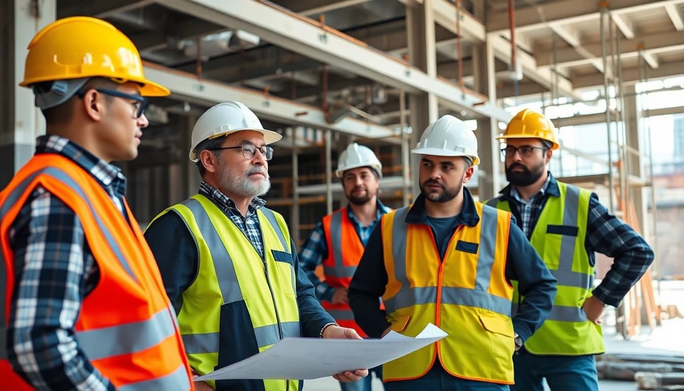 Dynamic scene featuring a New York General Contractor directing a construction team at work.
