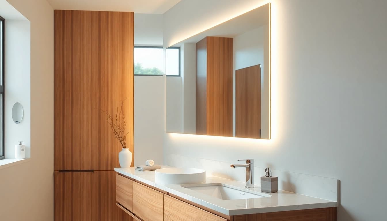Illuminate your space with a stylish mirror with lights, showcasing a luxury bathroom design.