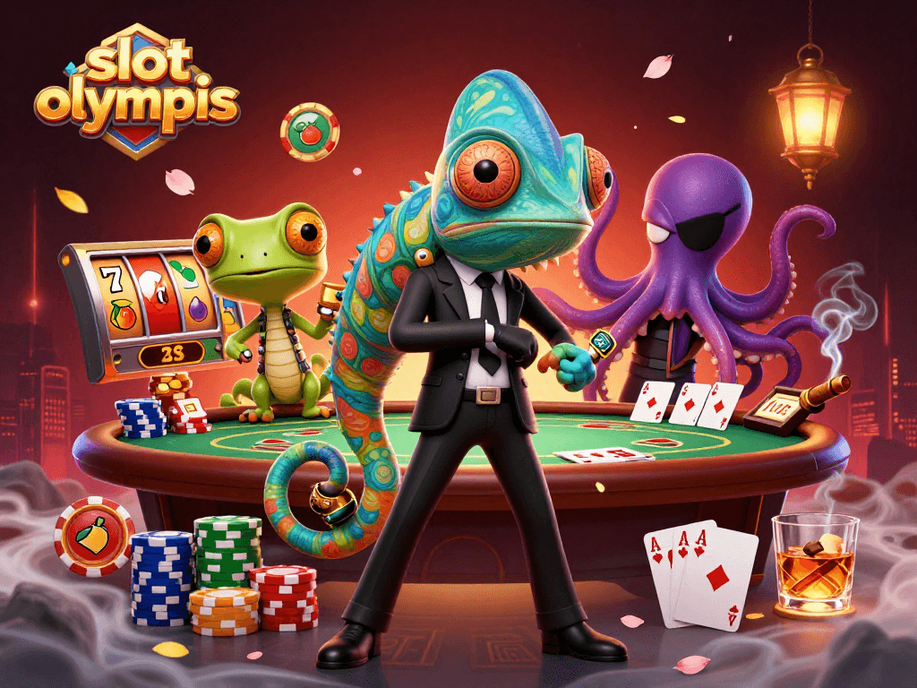 Engage with slot olympus and dynamic characters amidst casino elements and vibrant visuals.