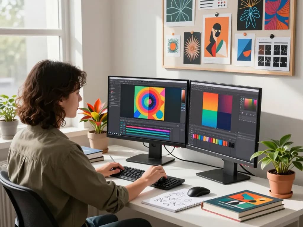 Designer editing vibrant AI-generated images with nano banana 2 in a modern creative workspace.