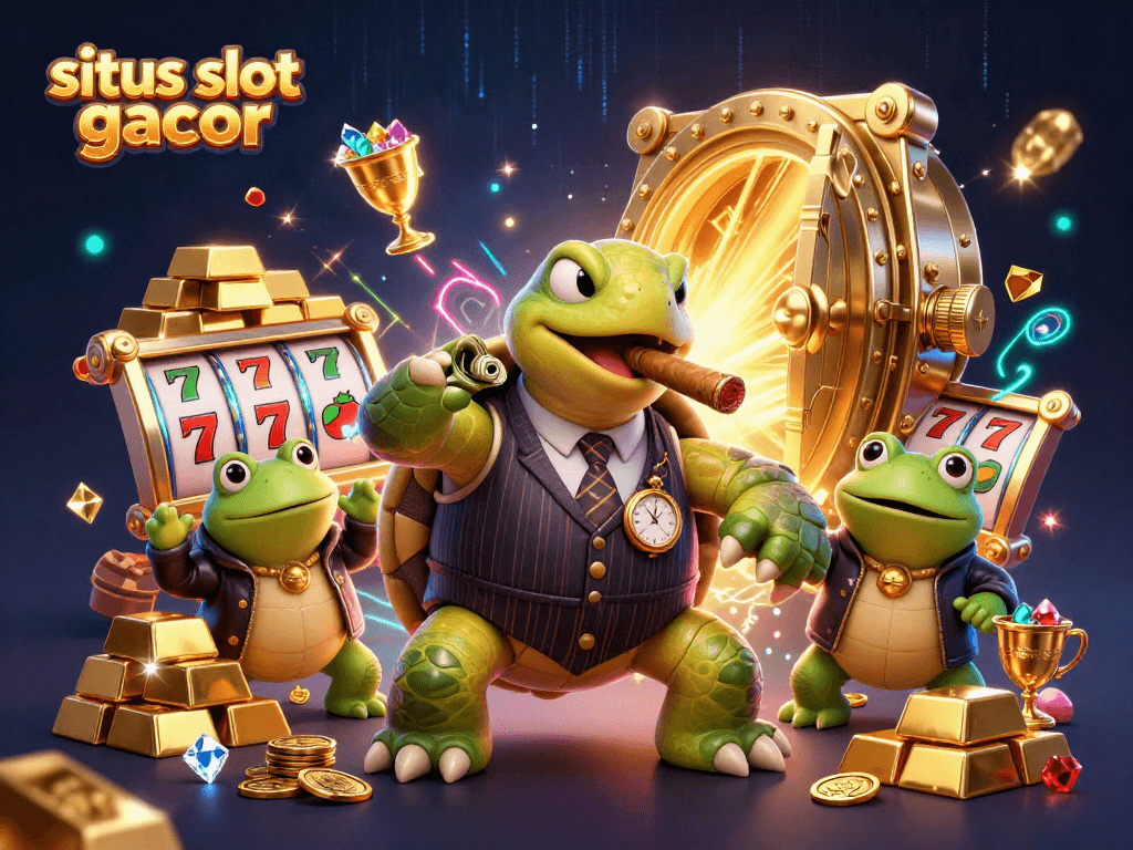 Experience the excitement of situs slot gacor with dynamic characters in a richly detailed casino scene.
