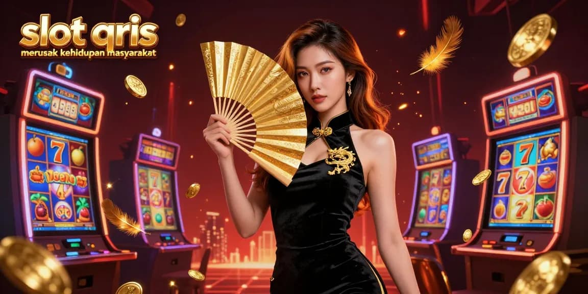 Engaging slot qris merusak kehidupan masyarakat scene showcasing a glamorous woman amidst vibrant slot machines.