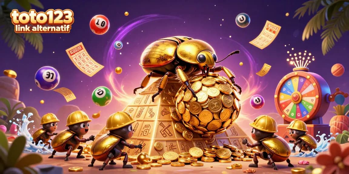 Engage with vibrant 3D illustration depicting toto123 link alternatif featuring lottery elements and golden coins.