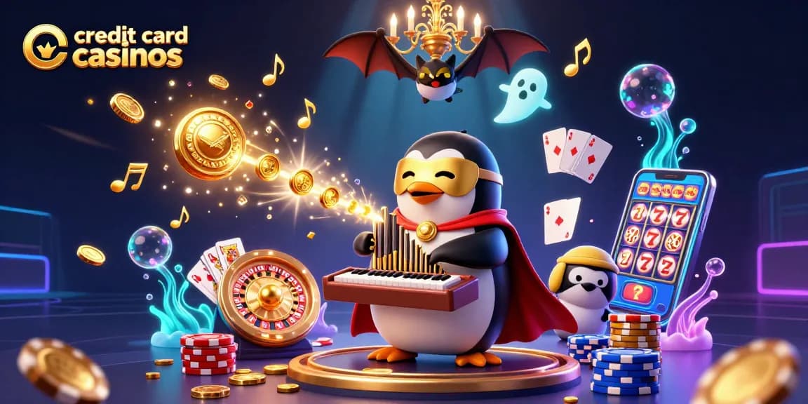 Engage with credit card casinos in a vibrant 3D scene showcasing a phantom penguin and exciting casino elements.