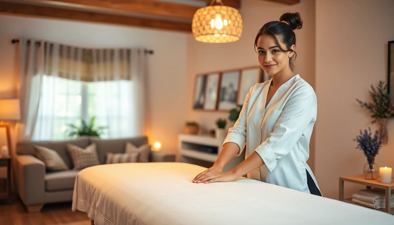 출장 massage therapy session setup in a calming home environment
