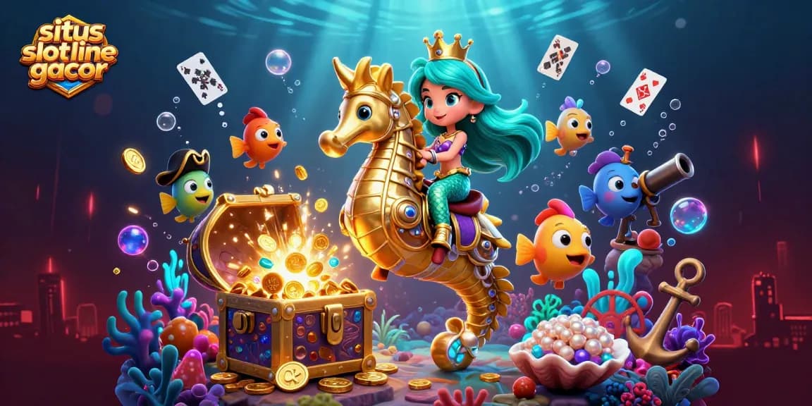 Menangkan sensasi situs slot online gacor dengan ilustrasi putri duyung dan kuda laut bersenjatakan emas dalam dunia bawah laut yang penuh harta.