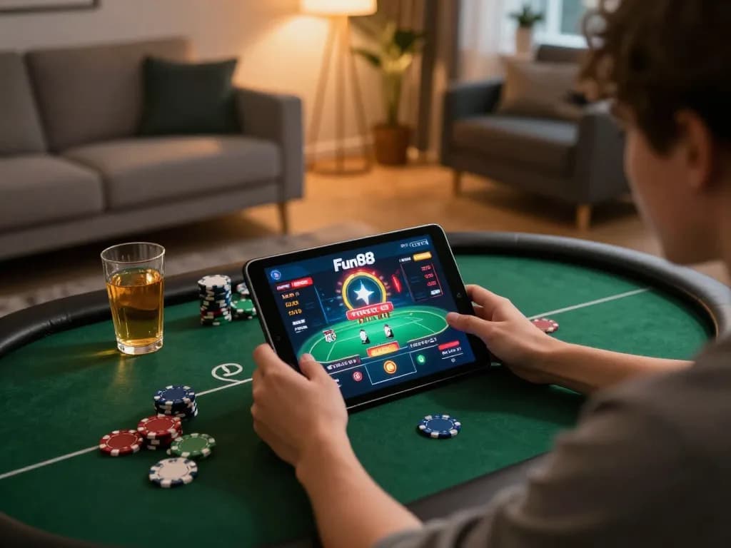 Fun88 player enjoying an online casino game with a tablet in a cozy home setup