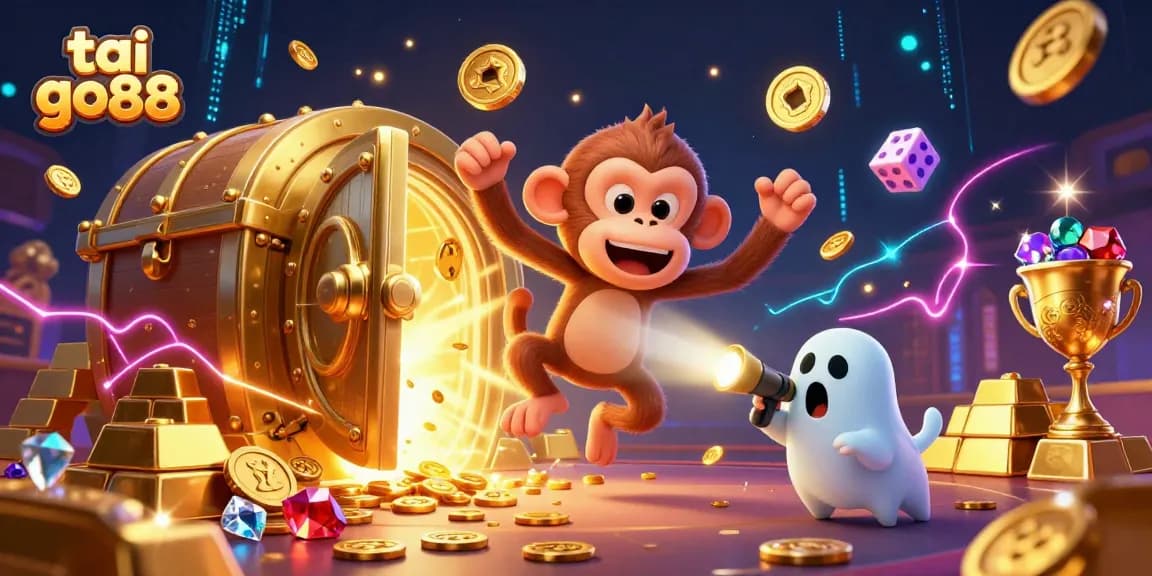 Engage with tai go88 as a mischievous monkey juggles gold in a vibrant haunted casino atmosphere.