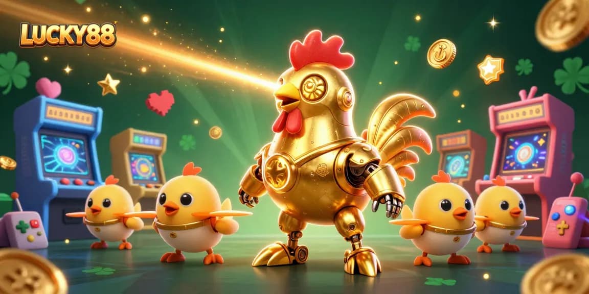 Engage with LUCKY88's thrilling slot adventures featuring a golden rooster robot and chic drones.