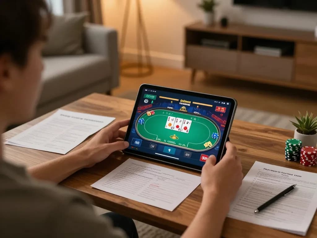 Player strategizing in a cozy home setting while using the 3win app for online gambling.