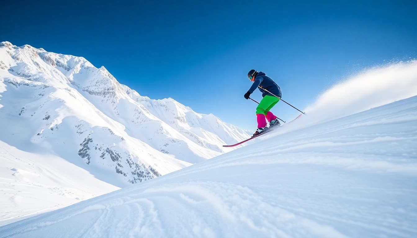 Skier showcasing stylish Dope Snow Pants while jumping on a beautiful snowy landscape.