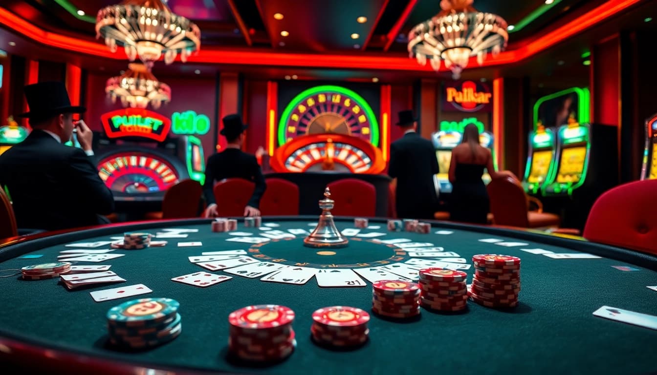 KPI4D casino scene featuring a luxurious poker table with players and a vibrant roulette wheel.