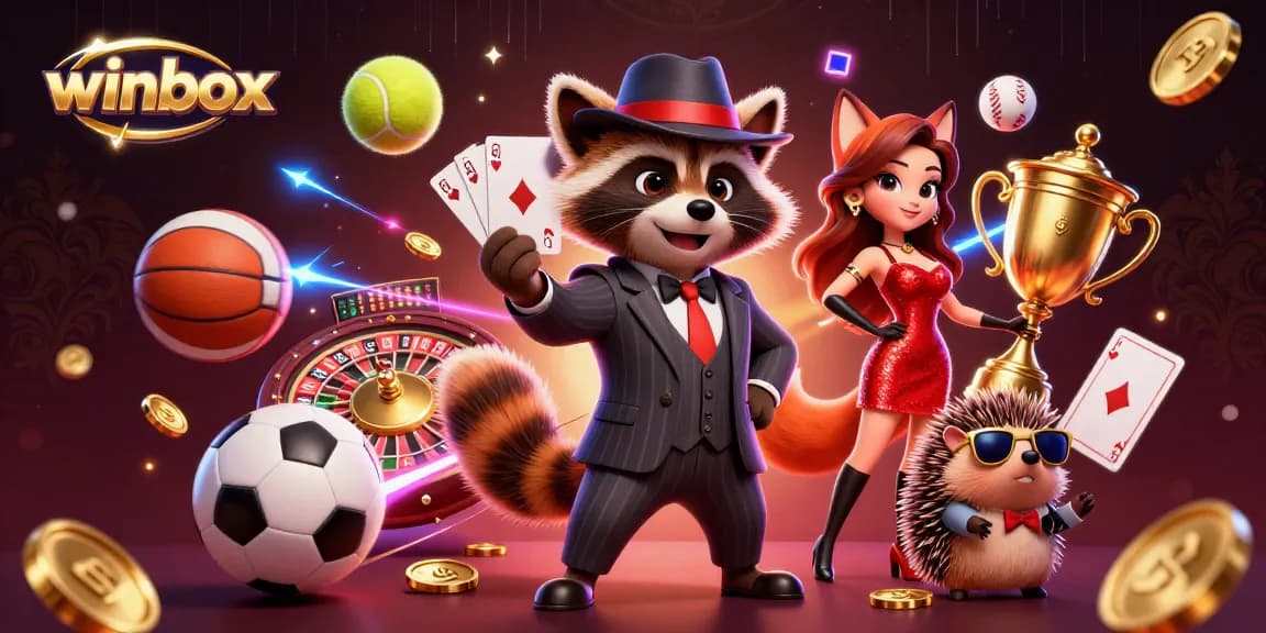 Winbox casino scene with a suave raccoon, a stylish fox, and a hedgehog bouncer amid dynamic gambling elements.