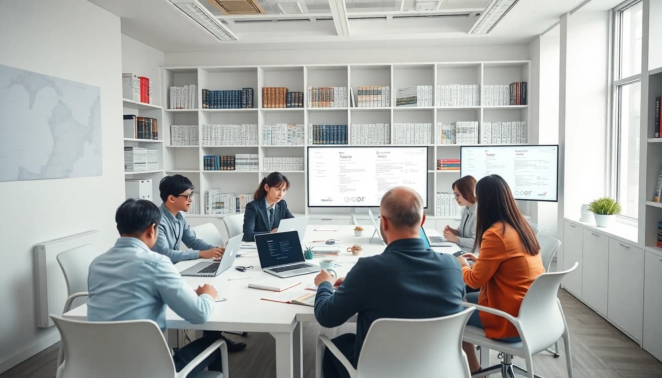 Professionals using 有道翻译 tools in a modern office environment