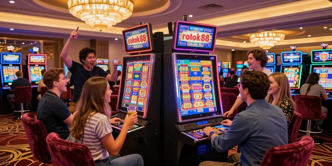 Excitement at the rokok88 slot machine, friends enjoying a vibrant casino atmosphere.