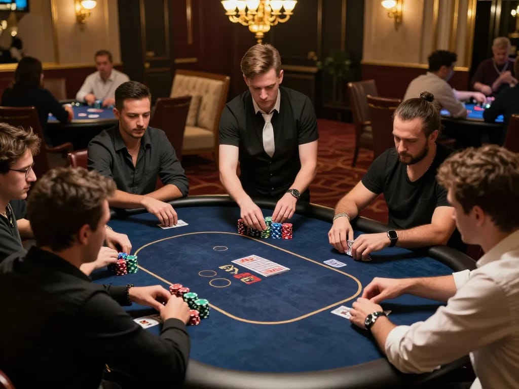 High-stakes poker players strategically analyzing hands at amigosgrillandco casino.