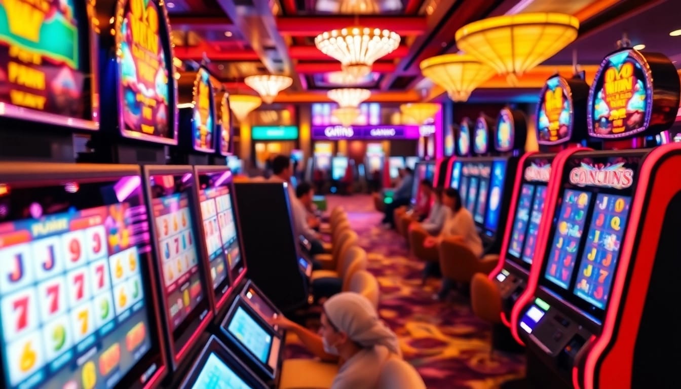Permainan slot resmi dalam suasana kasino yang ramai dan penuh warna, menunjukkan mesin yang berkilau.