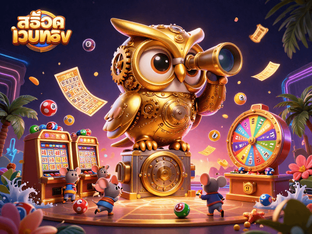 Experience the excitement of สล็อตเว็บตรง with our dynamic casino scene, featuring a golden owl and vibrant gaming elements.