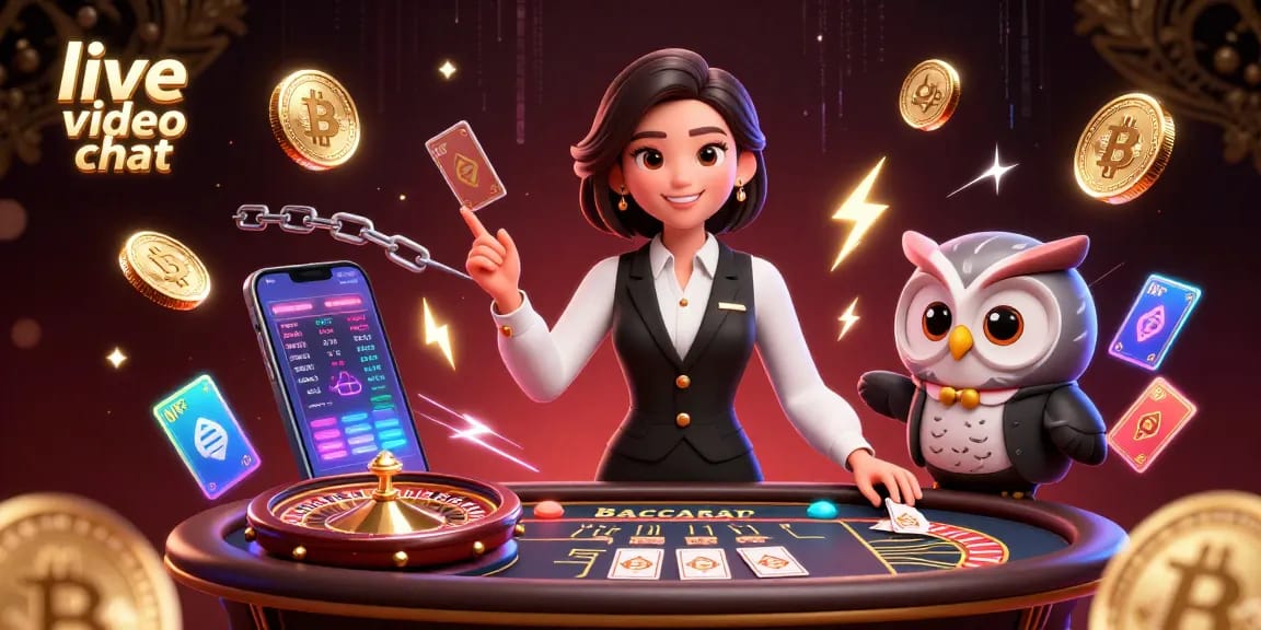 Engage in live video chat with fun characters in a vibrant casino setting, featuring thrilling interaction.