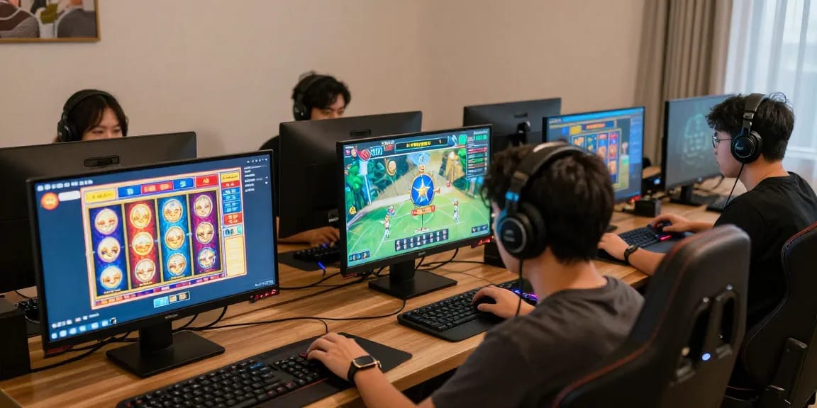 Exciting gaming session showcasing slot server luar negeri with players focused on vibrant digital interfaces and gaming accessories.