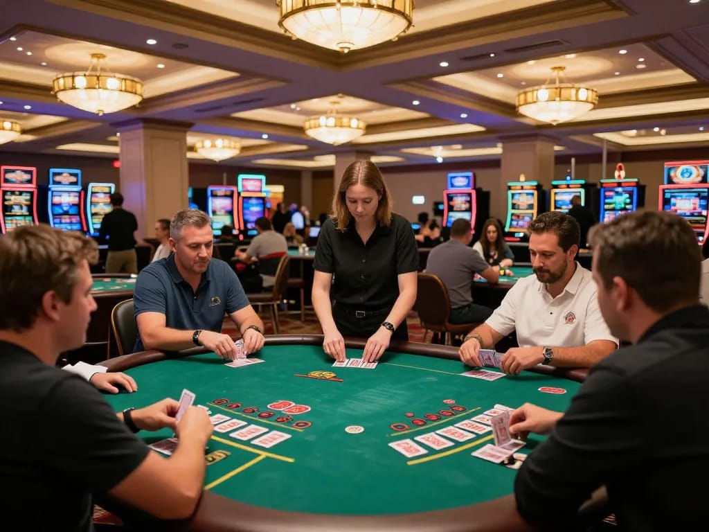 Players enjoying blackjack games at Spin Panda Casino with vibrant decor and ambient lighting