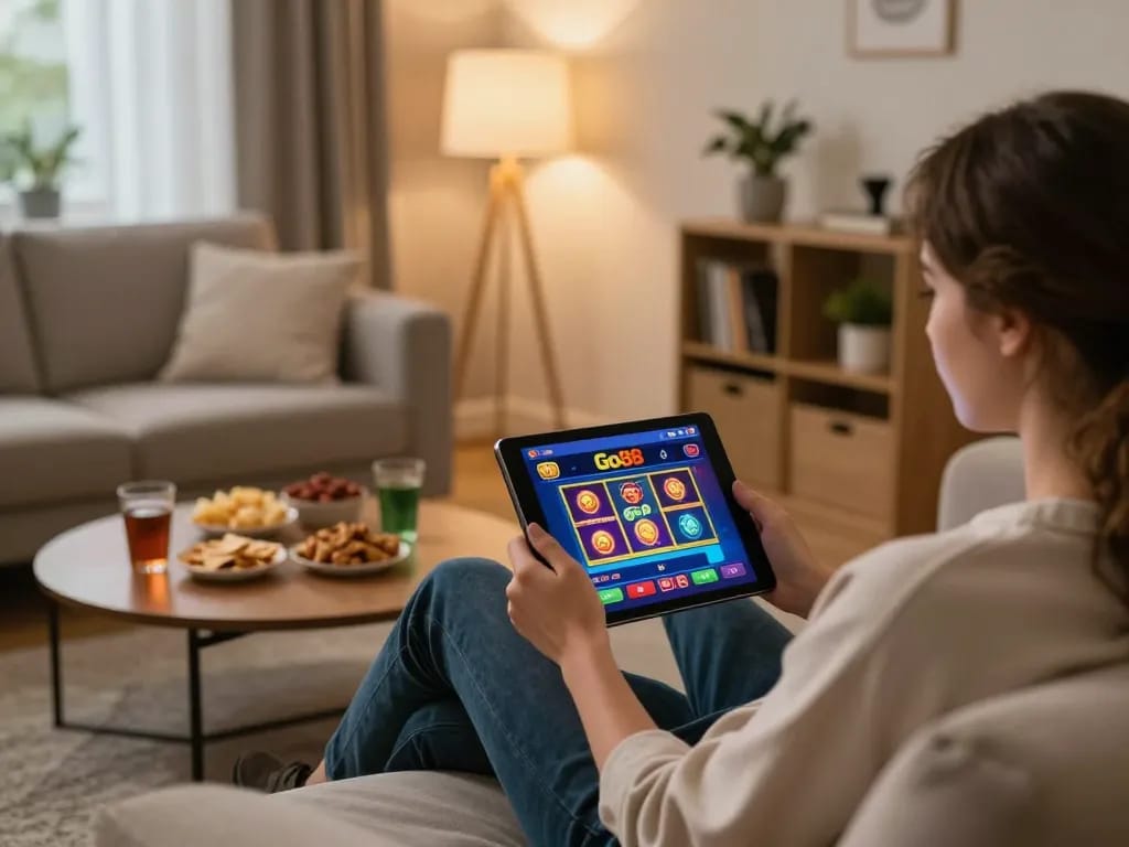 Player engages with Go88 online casino app in a cozy home setting, enjoying gaming responsibly.