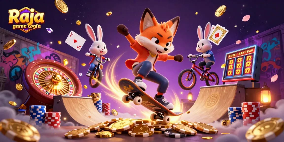 Experience the excitement of Raja game login with a dynamic 3D illustration featuring casino symbols and vibrant characters.
