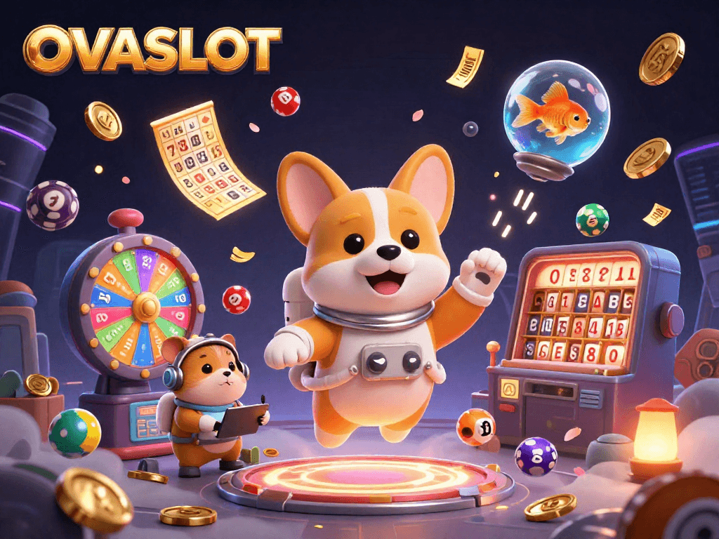 Engage in exciting games at OVASLOT with a vibrant casino scene featuring dynamic characters and elements.