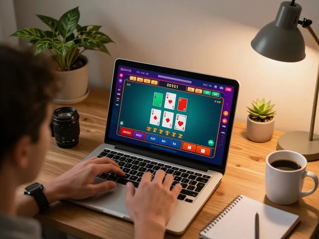 Player enjoying vipwin online blackjack from home, with strategic notes and colorful interface.