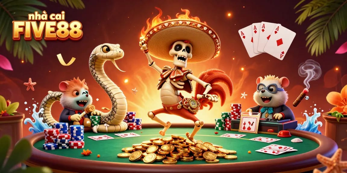 Experience the excitement with nhà cái FIVE88 featuring a vibrant 3D casino scene full of lively characters and game elements.