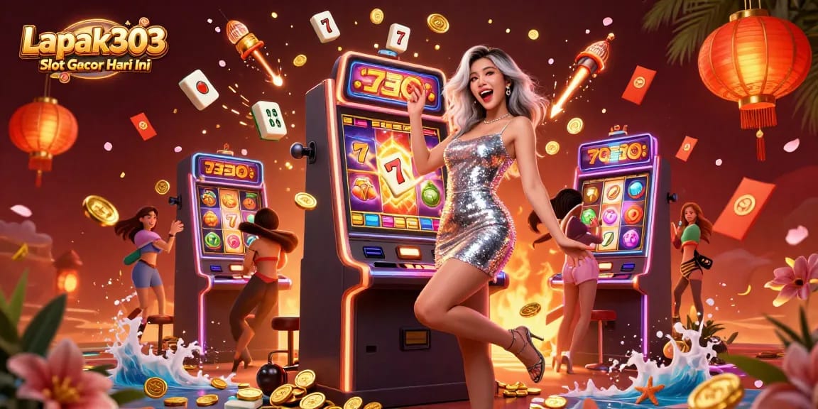 Spin and win with Lapak303 Slot Gacor Hari Ini as coins and mahjong tiles celebrate victory!