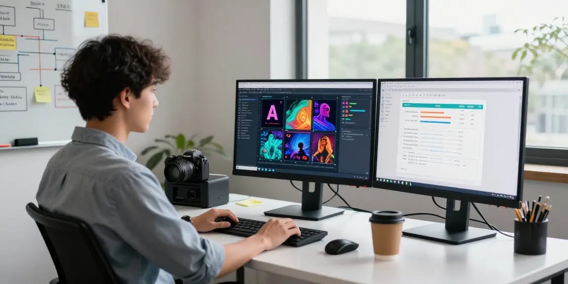 AI image checker analysis in a modern tech workspace with monitors displaying results.