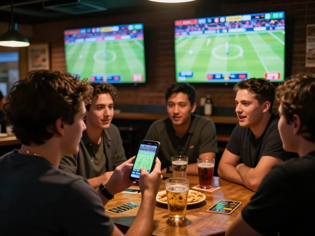 kp88 sports betting action with friends at a lively bar, smartphone displaying live odds