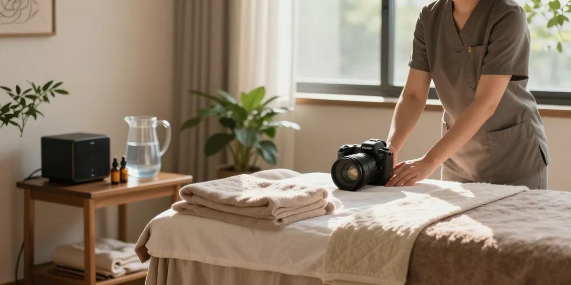 Relaxing 출장안마 setup in a serene home environment with calming decor, therapist preparing for a massage session.